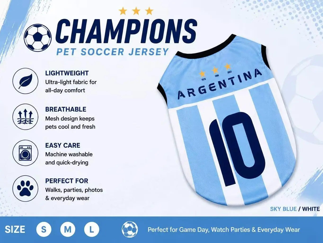 Pet Soccer Jersey Outfit - Cute Game Day Pet Shirt for Small, Medium Dogs & Cats Clothes Fashionable Clothing