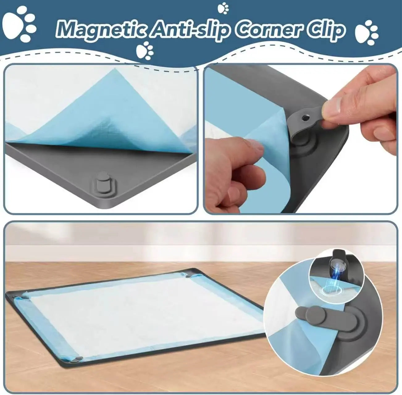 Dog Pee Pad Holder with Non-Slip Silicone, Magnetic Clips, and Leak-Proof Raised Edge for Indoor Floor Protection and Puppy Training Essentials