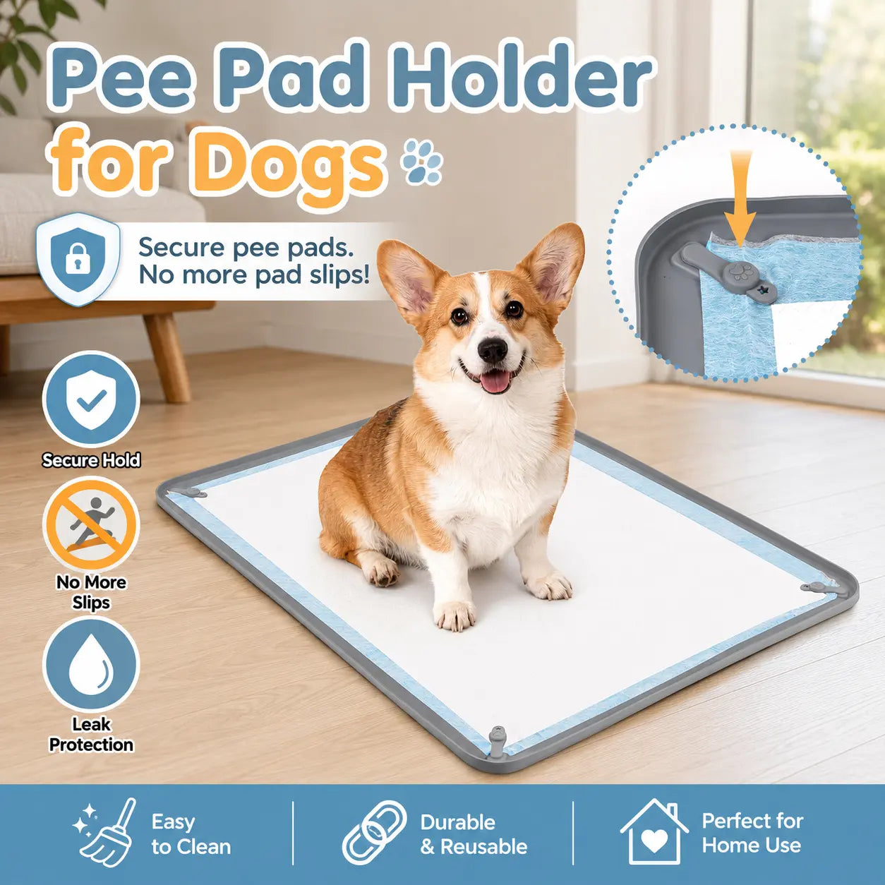 Dog Pee Pad Holder with Non-Slip Silicone, Magnetic Clips, and Leak-Proof Raised Edge for Indoor Floor Protection and Puppy Training Essentials